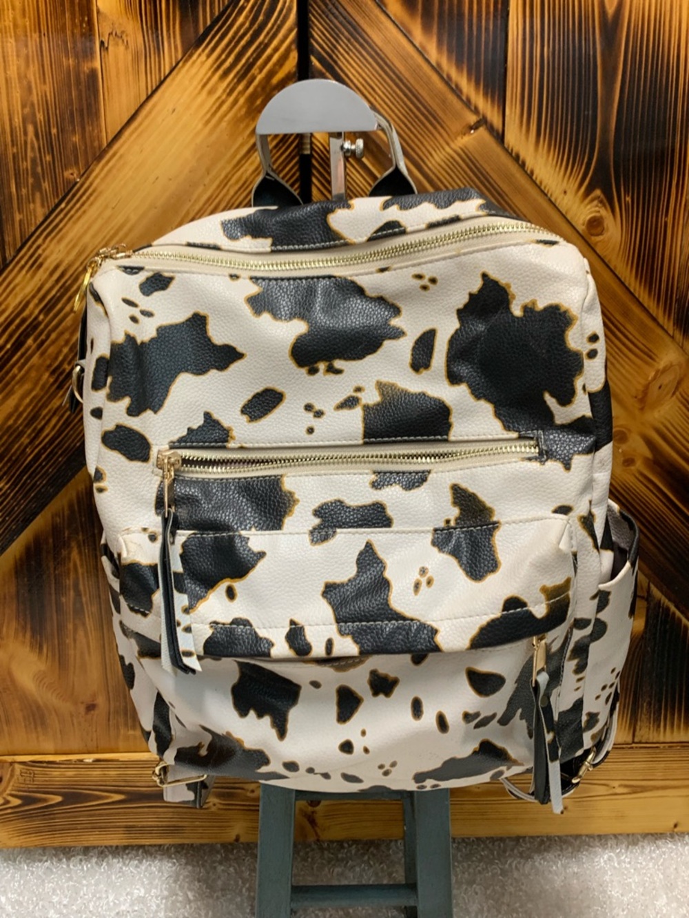 Cow Print White and Black Mini Backpack with faux leather and Gold Accents